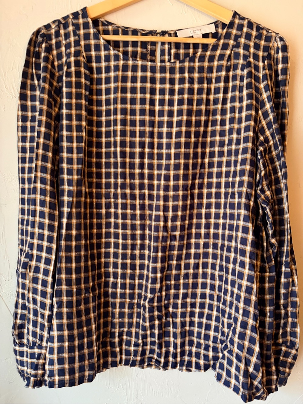 LOFT Navy Cream Plaid Check Blouse Long Sleeve Preppy Classic Academia L